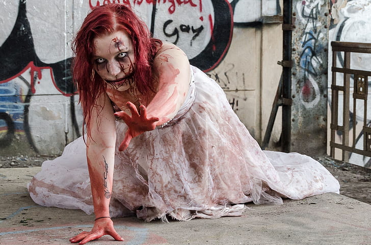 zombie woman in bridal gown crawling